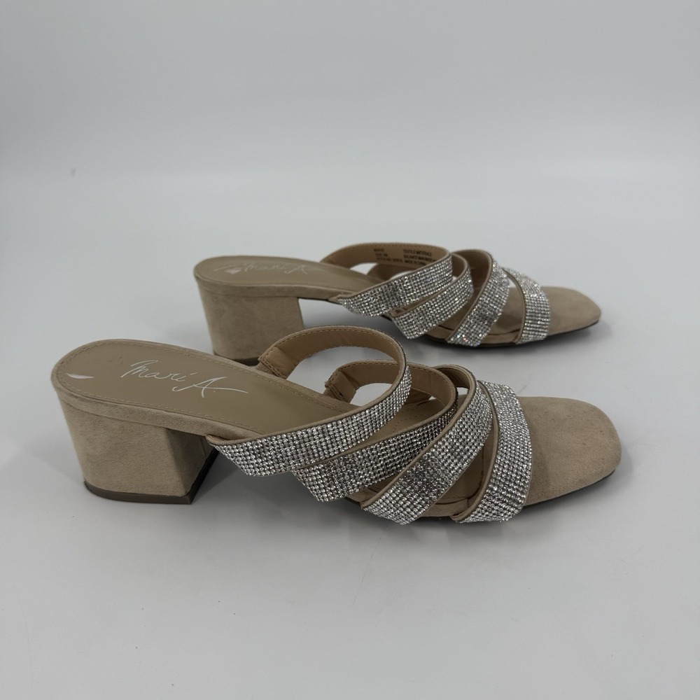 Rhinestone Strappy Block Heel Slide Sandals Nude Beige Women's 9M - Picture 3 of 5